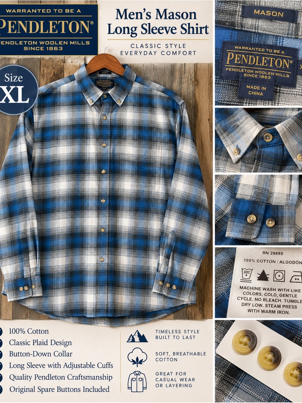 Pendleton Blue and White Plaid Long Sleeve Button-Down Shirt - Men’s XL